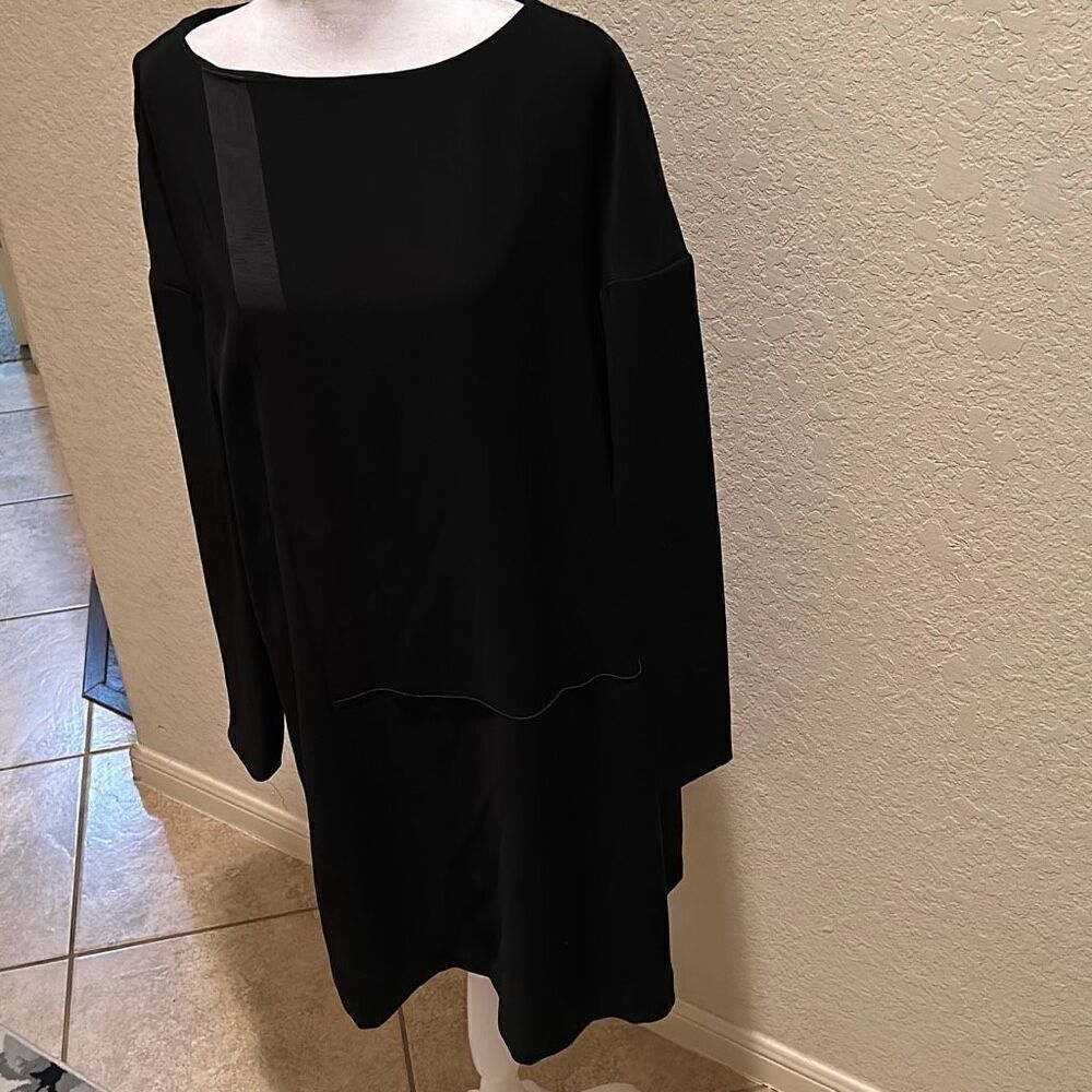 Cacharel Women's 10 Long Sleeve Crossgrain Satin Panel Shift Dress Black Evening
